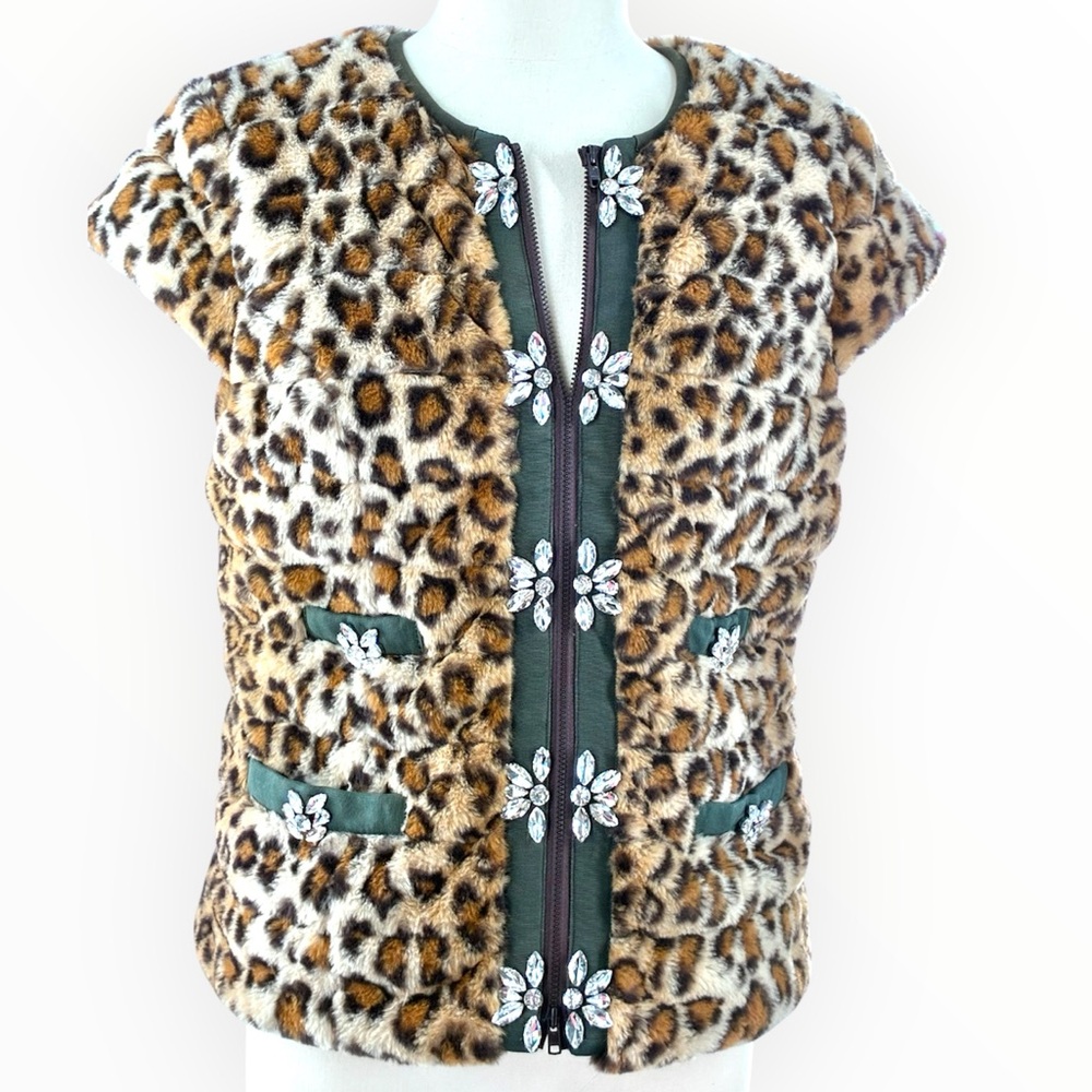 Glamourpuss Leopard Print Faux Fur Vest with Crystal Embellishments sz. M - Picture 3 of 11